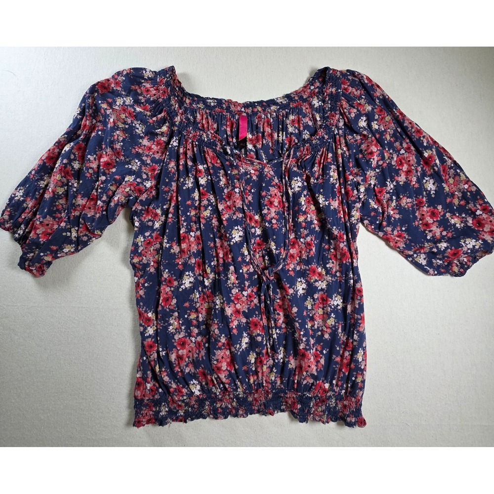 Pure Energy Women L Blue Floral Peasant Blouse Smocked Waist 100% Rayon Top